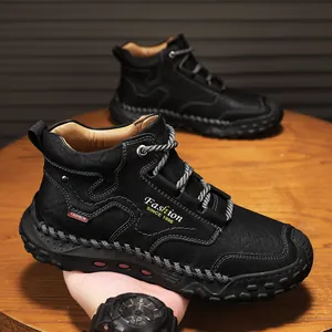 Bottes de travail montantes pour hommes en cuir noir avec semelle antidérapante