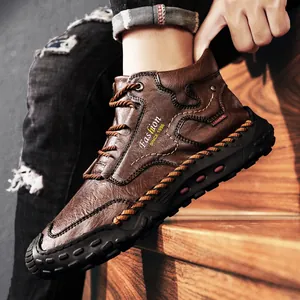 Bottes de travail montantes en cuir marron pour hommes avec semelles antidérapantes