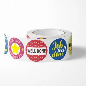 Detailed close-up view of a teacher's reward sticker roll with various English phrases