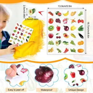 Vista detallada de pegatinas impermeables de frutas y verduras para aulas infantiles