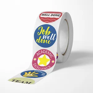Close-up of English reward stickers roll with Job Well Done and Academic Excellence texts