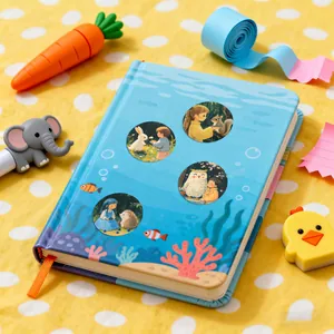 Detailed view of an ocean-themed notebook with cute cartoon animal stickers on the cover