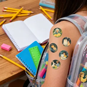 Colorful cartoon stickers with children and animals on a girl's arm and backpack.