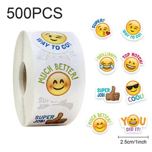 Vue détaillée d'un rouleau de 500 autocollants emoji motivants avec phrases en anglais