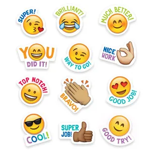 Variété de autocollants de récompense emoji colorés avec des textes d'encouragement.