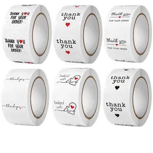 Six styles of 1-inch 'Thank You' and 'Baked with Love' roll stickers, 500 pcs per roll.