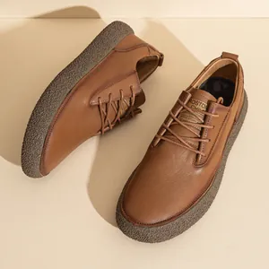 Premium brown genuine leather men's casual shoes with textured thick anti-slip sole