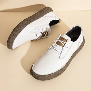 Men's premium white genuine leather casual shoes with non-slip brown textured soles