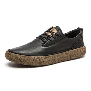 Men's black genuine leather casual shoes with thick textured non-slip rubber soles
