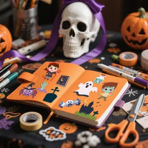 Λεπτομερής προβολή αυτοκόλλητων Halloween σε πορτοκαλί σημειωματάριο σε εορταστικό γραφείο.