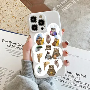 Primo piano di adesivi con meme di gatti divertenti su una cover bianca per cellulare.