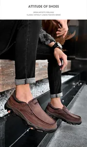 Detailansicht brauner Leder-Loafer für Herren mit strapazierfähiger, weicher Gummisohle