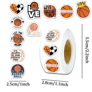 Basketball stickers roll showing various designs and size specifications in inches.