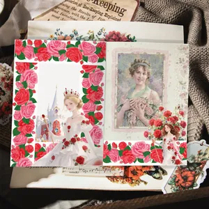 Dettaglio del nastro washi da 5 cm con motivi di rose rosse vintage e principesse