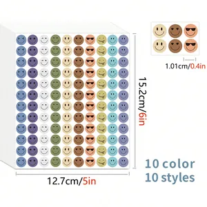 Colorful smiley face reward stickers for kids showing 10 styles and dimensions of 5x6 inches