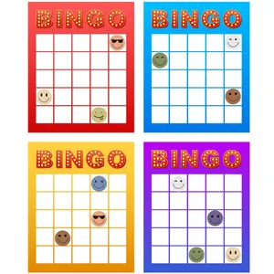 Close-up detail of cartoon smiley face reward stickers on colorful Bingo cards for kids
