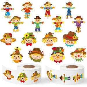 Detailed view of 16 various cartoon scarecrow sticker designs on rolls for DIY party decor