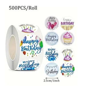 Detail showing 8 colorful watercolor Happy Birthday sticker designs in a 500-count roll.