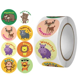 Detail view of cartoon animal reward sticker roll featuring lion, tiger, and deer designs.