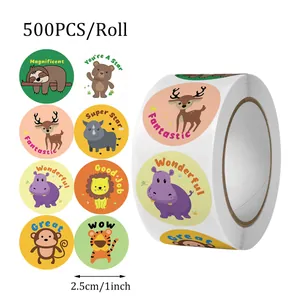 Detail view of 500pcs roll of children reward stickers with cute cartoon animals 1 inch