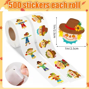 Detailed close-up of 1-inch scarecrow stickers showing 16 festive autumn designs