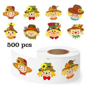 Roll of 500 cute cartoon scarecrow stickers for DIY fall party gift decoration