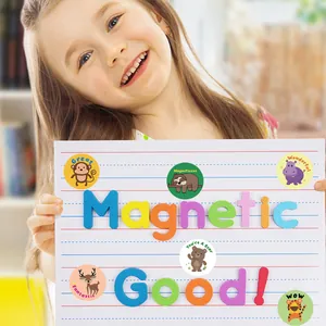 Vibrant cartoon animal reward stickers displayed on a school whiteboard for kids