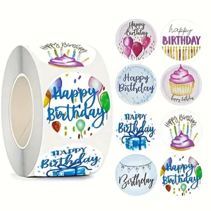 Happy Birthday Round Stickers Cartoon Cake Balloons Pattern Sealing Labels For Gift Wrapping Party Decoration Kids DIY Stickers