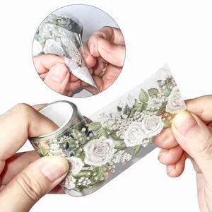 Elegant white rose floral PET tape with matte finish for scrapbooking and DIY crafts