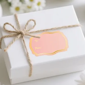 Close-up of pink gold foil gift tag with To and From text on a white box