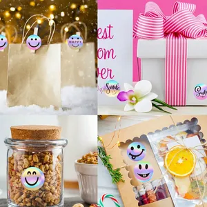 Cute holographic smiley face stickers used for gift packaging and jar decoration