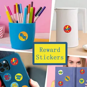 Detail showing colorful reward stickers applied to office and home stationery items