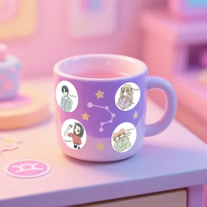 Close-up of 1 inch cute cartoon zodiac character stickers applied on a purple coffee mug