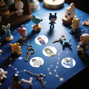 Detailed view of cute anime zodiac stickers on a starry blue constellation background