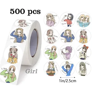 Detail view showing 12 cute anime zodiac girl stickers on a 500-piece sticker roll
