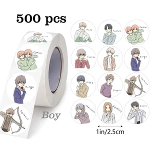 Detail view of a 500pcs anime boy zodiac stickers roll with 1-inch diameter size