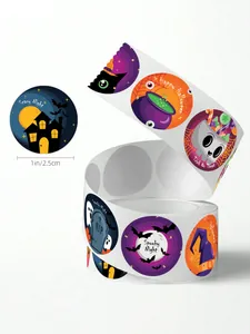 Detail view of 1-inch Halloween sticker roll with various spooky cartoon patterns
