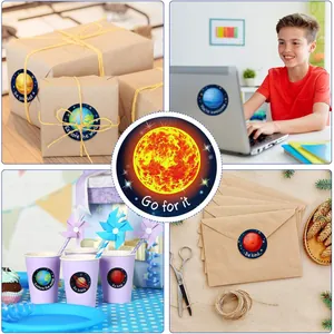 Collage of solar system stickers used on laptops, gifts, cups, and envelopes decor.