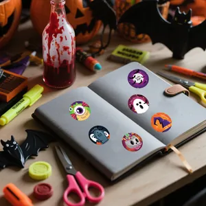 Detailed view of Halloween cartoon stickers applied on a notebook for DIY decoration
