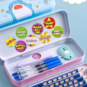Selection of colorful children's motivational reward stickers shown inside a blue pencil case
