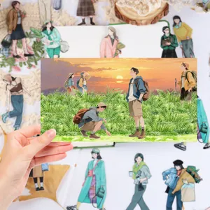 Dettaglio di escursionisti ad acquerello in un prato, nastro PET per scrapbooking creativo
