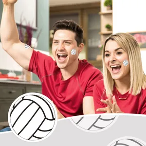 Action shot of volleyball stickers used as facial decals for sports fans cheering.