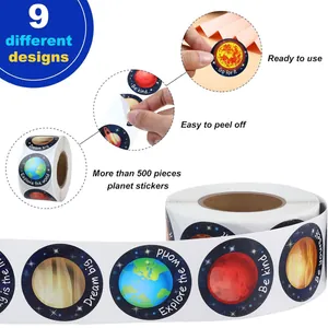 Detailed view of solar system planet stickers roll featuring motivational English quotes