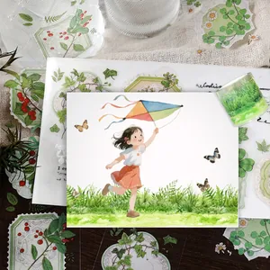 Vista dettagliata di adesivi botanici in PET e nastro washi con motivo erba per scrapbooking