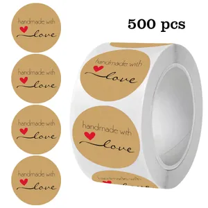 500 stickers ronds en papier kraft avec design cœur Handmade with Love en rouleau