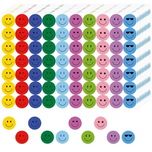 Detailed view of colorful round smiley face stickers with various cute expressions