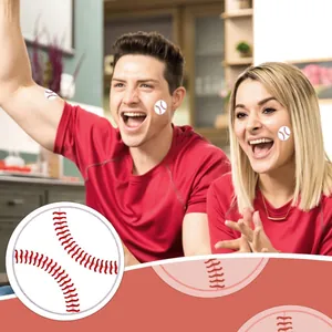 Detailed view of round baseball stickers with people wearing them for sports party.