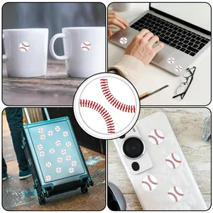 Detailed view of baseball sports stickers applied to mugs, laptops, and luggage