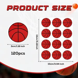 Detailed product size sheet for 120pcs basketball stickers showing 1.18 inch diameter