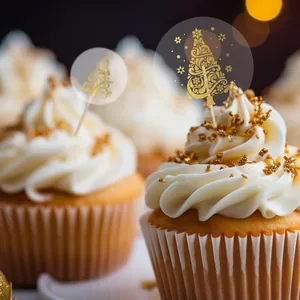 Gold foiled transparent Christmas tree stickers on cupcakes for festive gift decoration